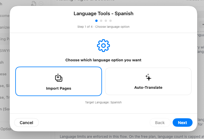 Import pages language workflow