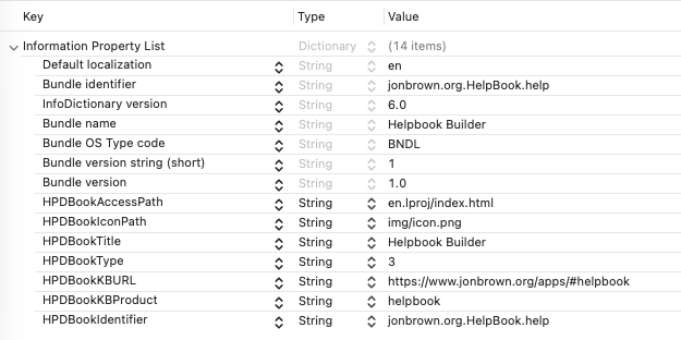 Sample helpbook Info.plist configuration
